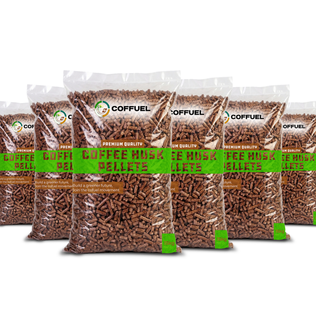 Multiple bags of COFFUEL Coffee Husk Pellets on a white background